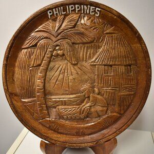 Vintage Hand Carved 3-D Wood Decorative Plaque Of The Philippines - 10.5” Plate